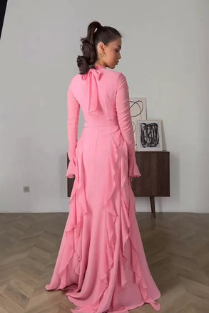 Pink Mermaid  Long Sleeves Prom Dress With Ruffles, Long Evening Dresses CHP0413