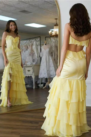 Yellow Spaghetti Straps Long Prom Dresses With Split, Evening Gowns CHP0429