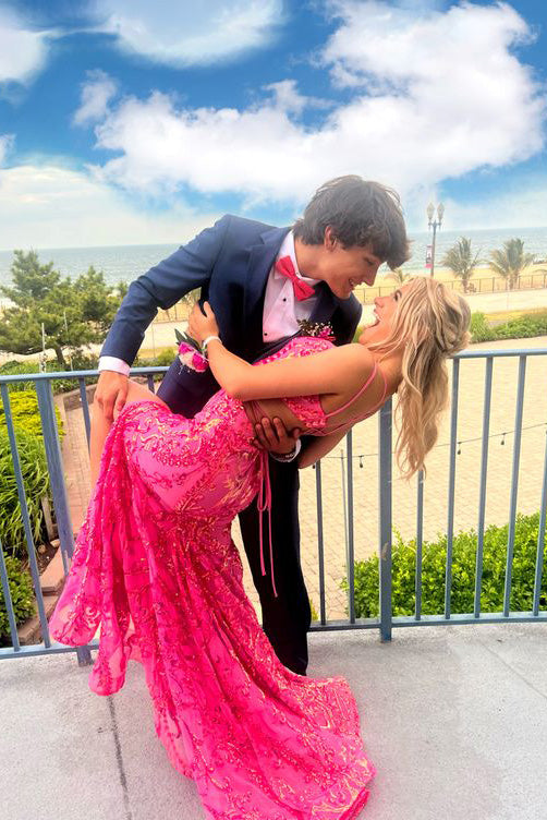 Pink Mermaid V-neck Sequined Long Prom Dress, Evening Dress With Slit CHP0274