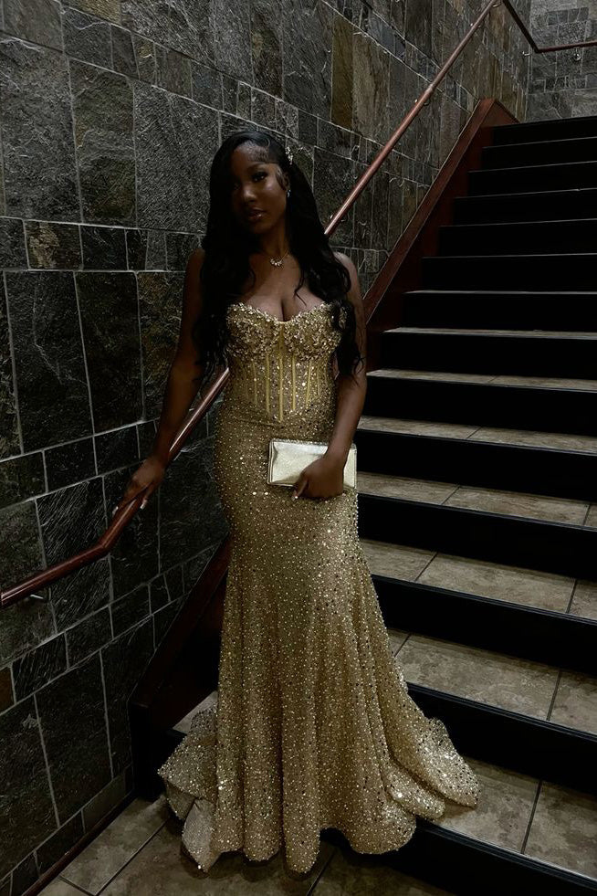Gold Sequin Mermaid Long Prom Gown, Evening Dress CHP0459