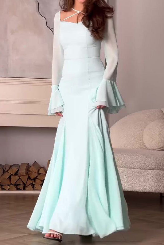 Blue Chiffon Long Sleeves Prom Dress With Ruffles, Long Evening Dresses CHP0428
