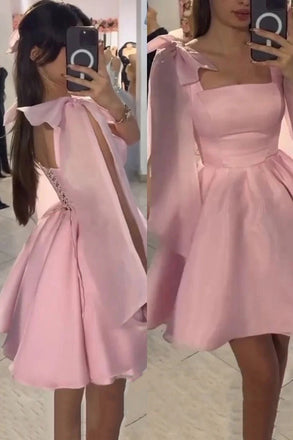 Pink Homecoming Dress With Bow Shoulder Ties, Short Homecoming Gown CHH0190