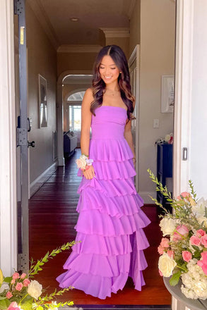 A Line Purple Chiffon Long Evening Dress, Party Dresses with Slit CHP0437