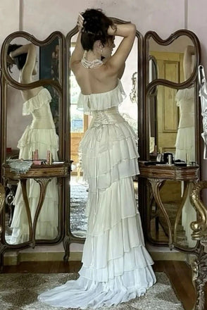 Modest Sheath Strapless Chiffon Sleeveless Ivory Long Prom Dress Evening Dresses CHP0377