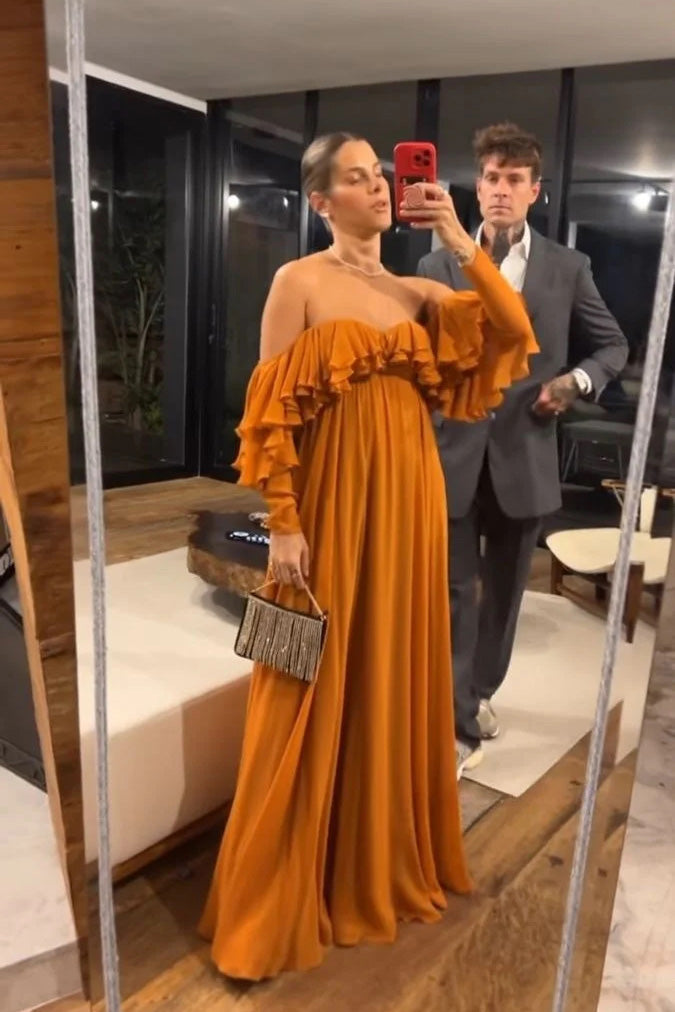 Off-the-Shoulder Classic Chiffon Evening Dresses With Ruffles, A Line Long Prom Gowns CHP0415