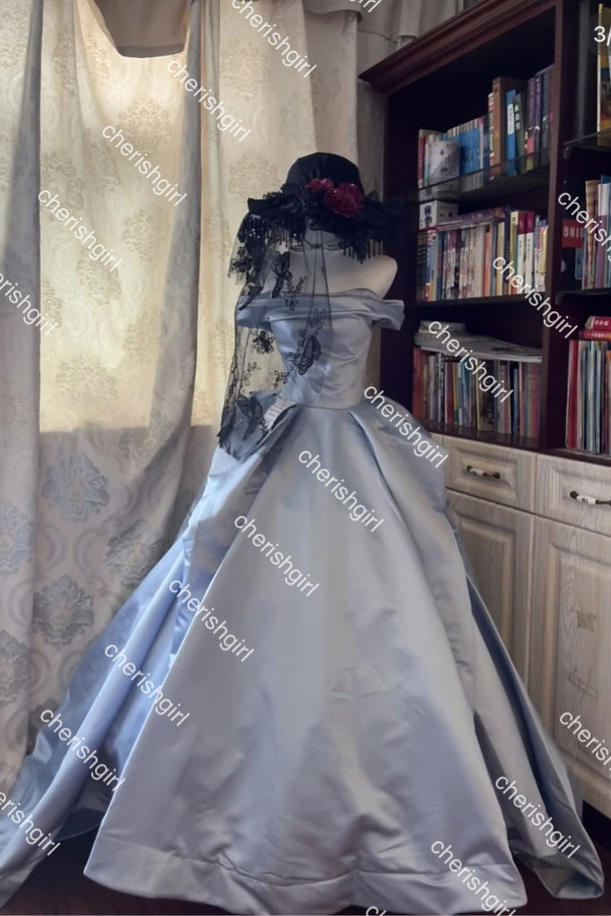 Light Blue Satin Ball Gown Prom Dress With Pleats, Princess Quinceanera Dresses CHP0407