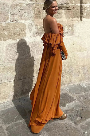 Off-the-Shoulder Classic Chiffon Evening Dresses With Ruffles, A Line Long Prom Gowns CHP0415
