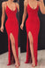 Red Spandex Sheath V Neck Spaghetti Straps Long Prom Dresses CHP0251