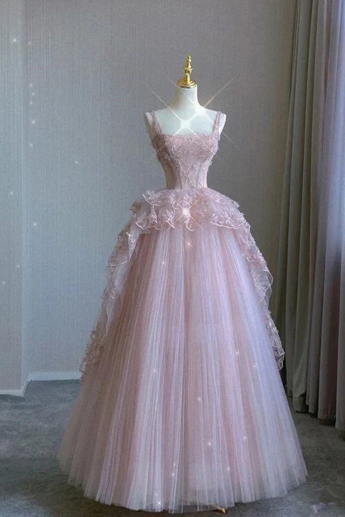 Elegant Pink Square Tulle Lace Long Prom Dress, Evening Dress CHP0305