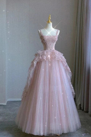 Elegant Pink Square Tulle Lace Long Prom Dress, Evening Dress CHP0305