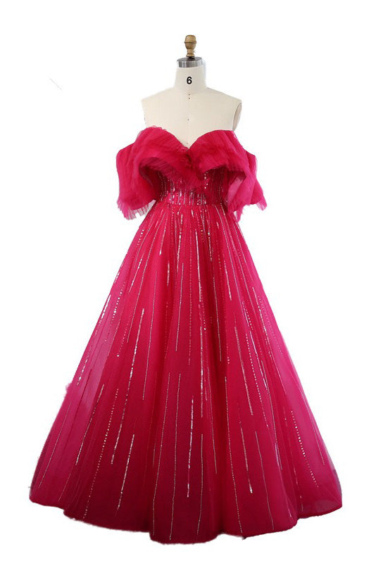 Hot Pink Off The Shoulder Long Prom Dress, A Line Party Dresses With Sequin CHP0266