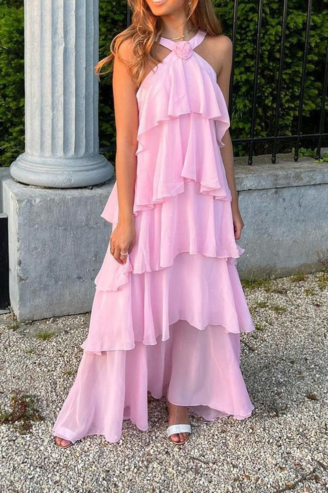 Halter Pink Chiffon Floor Length Prom Dress With Layers ,Formal Gown CHP0338
