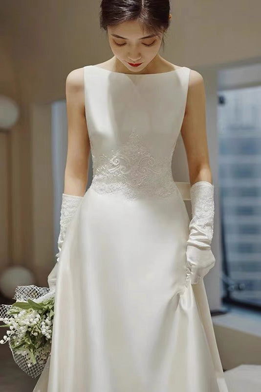 Simple A Line Satin Wedding Dress With Bowknot, Long Bridal Gown CHW0176