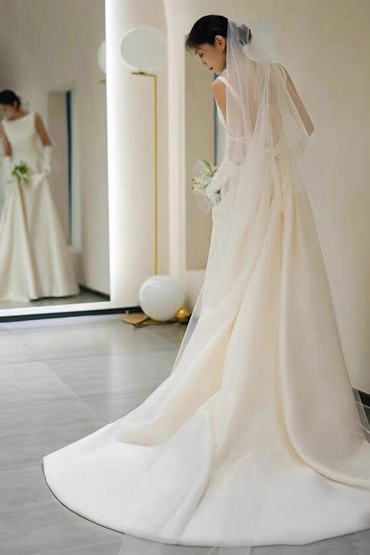 Simple A Line Satin Wedding Dress With Bowknot, Long Bridal Gown CHW0176