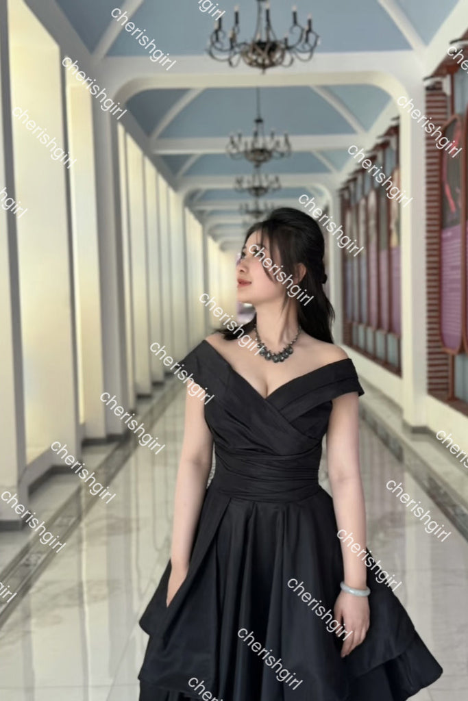 Off-the-Shoulder Black Tulle A-Line Long Prom Dress, Formal Dress CHP0409