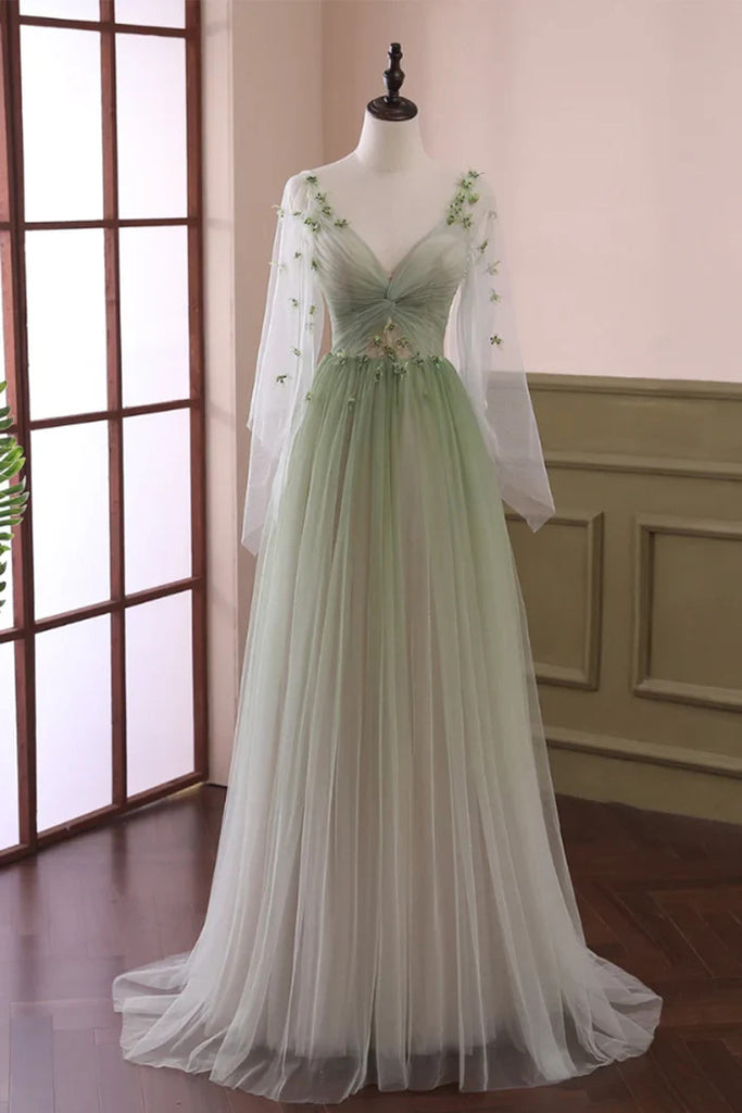 Beautiful Gradient Tulle Green Long Sleeves Party Dress, Evening Formal Dresses CHP0323