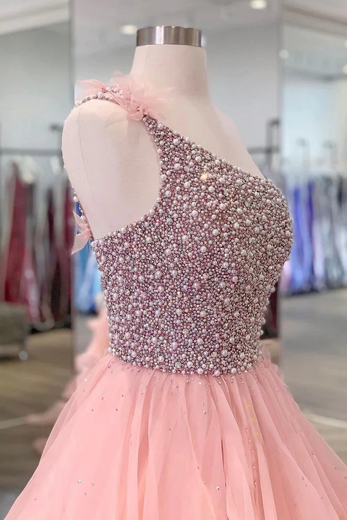Pink One Shoulder Beaded Prom Dress, Pink Tulle Layers Evening Gown CHP0324