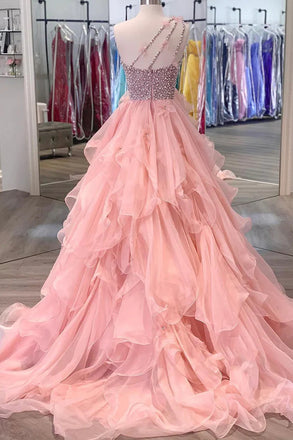 Pink One Shoulder Beaded Prom Dress, Pink Tulle Layers Evening Gown CHP0324
