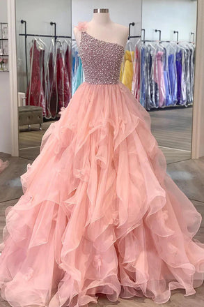 Pink One Shoulder Beaded Prom Dress, Pink Tulle Layers Evening Gown CHP0324