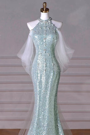 Mint Green Sequins Removable Sleeves Halter Long Prom Gown, Formal Dresses CHP0337