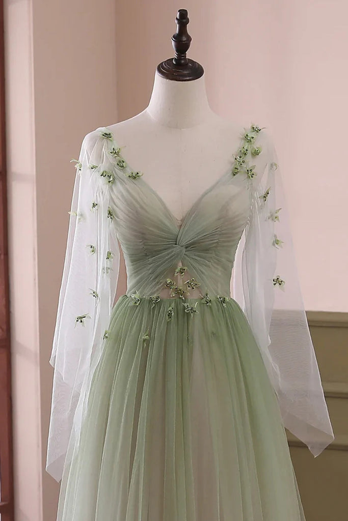 Beautiful Gradient Tulle Green Long Sleeves Party Dress, Evening Formal Dresses CHP0323