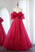 Hot Pink Off The Shoulder Long Prom Dress, A Line Party Dresses With Sequin CHP0266