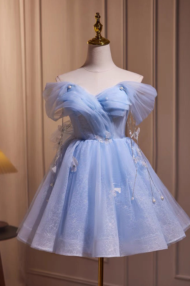 Off-the-Shoulder Blue Tulle Mini Homecoming Dress chh0169 – cherishgirls