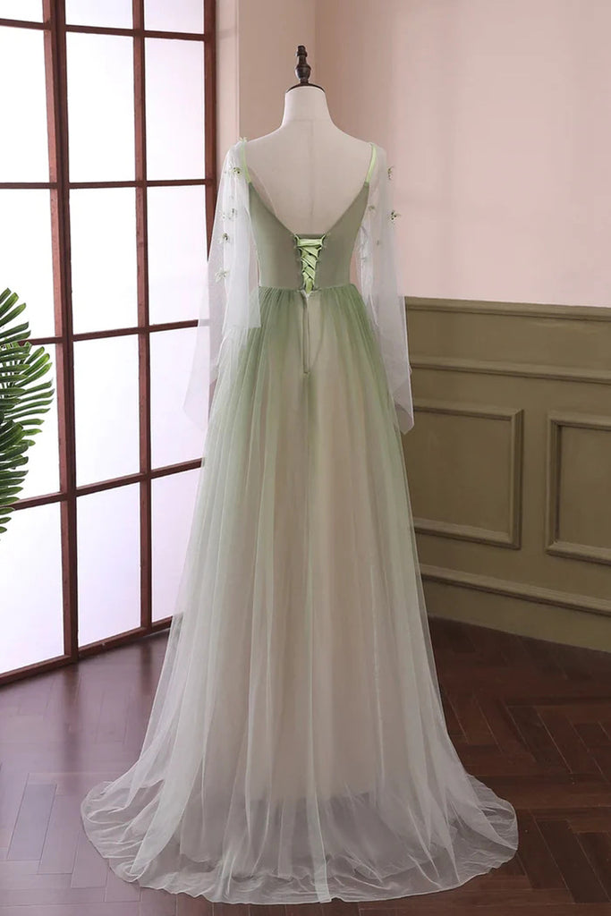 Beautiful Gradient Tulle Green Long Sleeves Party Dress, Evening Formal Dresses CHP0323