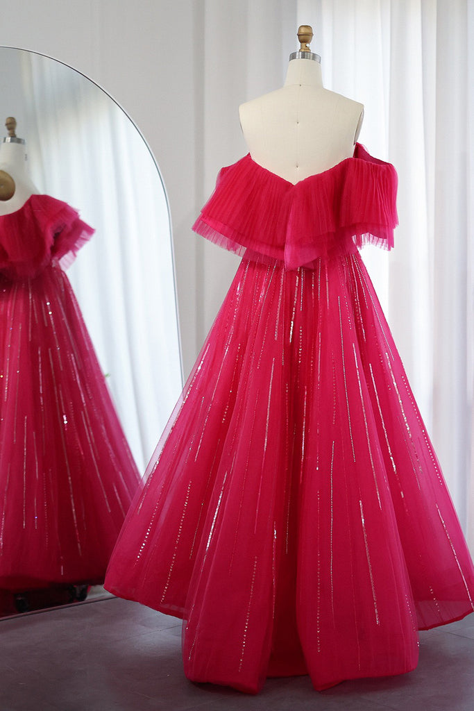 Hot Pink Off The Shoulder Long Prom Dress, A Line Party Dresses With Sequin CHP0266