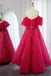 Hot Pink Off The Shoulder Long Prom Dress, A Line Party Dresses With Sequin CHP0266