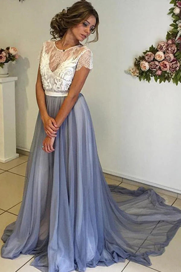 Backless Cap Sleeves Chiffon Prom Dress with Lace CHP0250