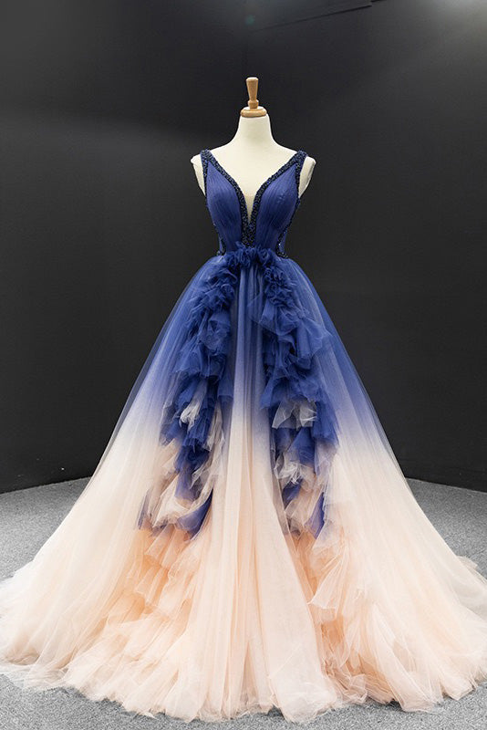 Gradient Blue V-neck Ball Gown Prom Dress, Princess Quinceanera Dresses CHP0286