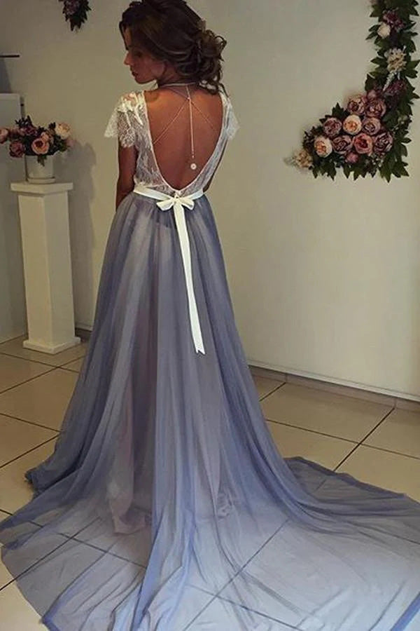 Backless Cap Sleeves Chiffon Prom Dress with Lace CHP0250