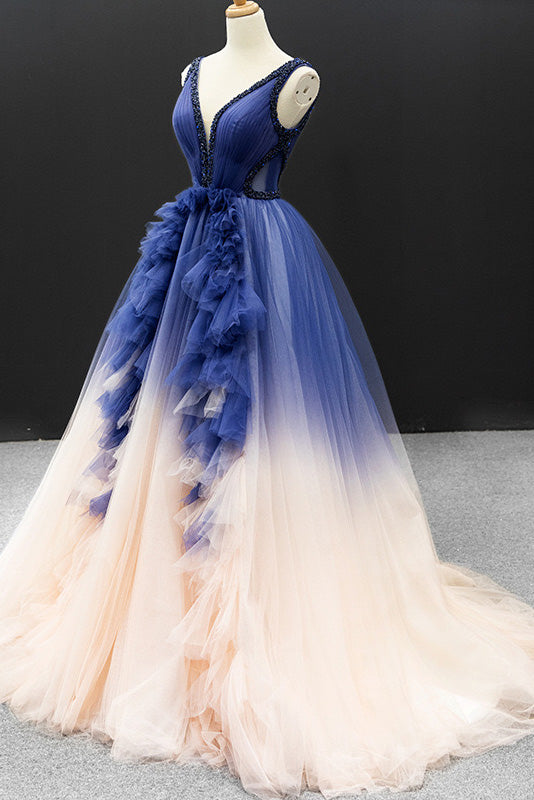 Gradient Blue V-neck Ball Gown Prom Dress, Princess Quinceanera Dresse cherishgirls Gradient Blue V-neck Ball Gown Prom Dress, Princess Quinceanera Dresse cherishgirls