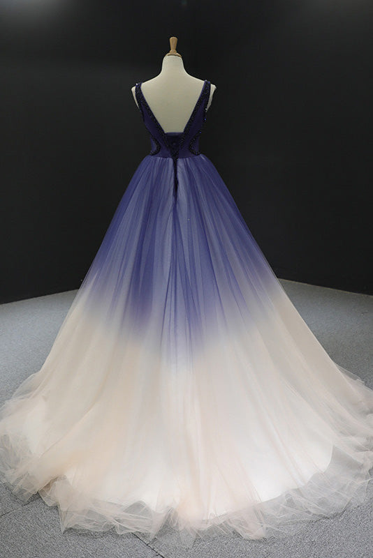 Gradient Blue V-neck Ball Gown Prom Dress, Princess Quinceanera Dresse cherishgirls Gradient Blue V-neck Ball Gown Prom Dress, Princess Quinceanera Dresse cherishgirls