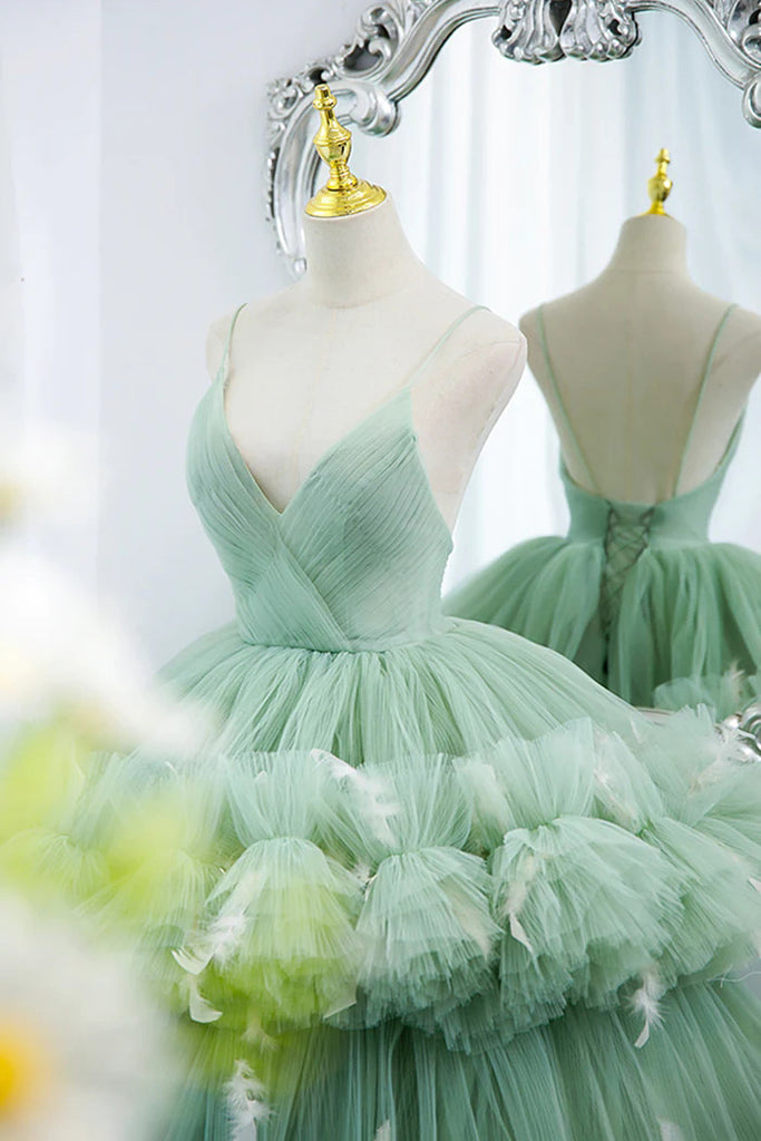 Green Tulle Long A-Line Prom Dress, Green V-Neck Formal Evening Gown CHP0325