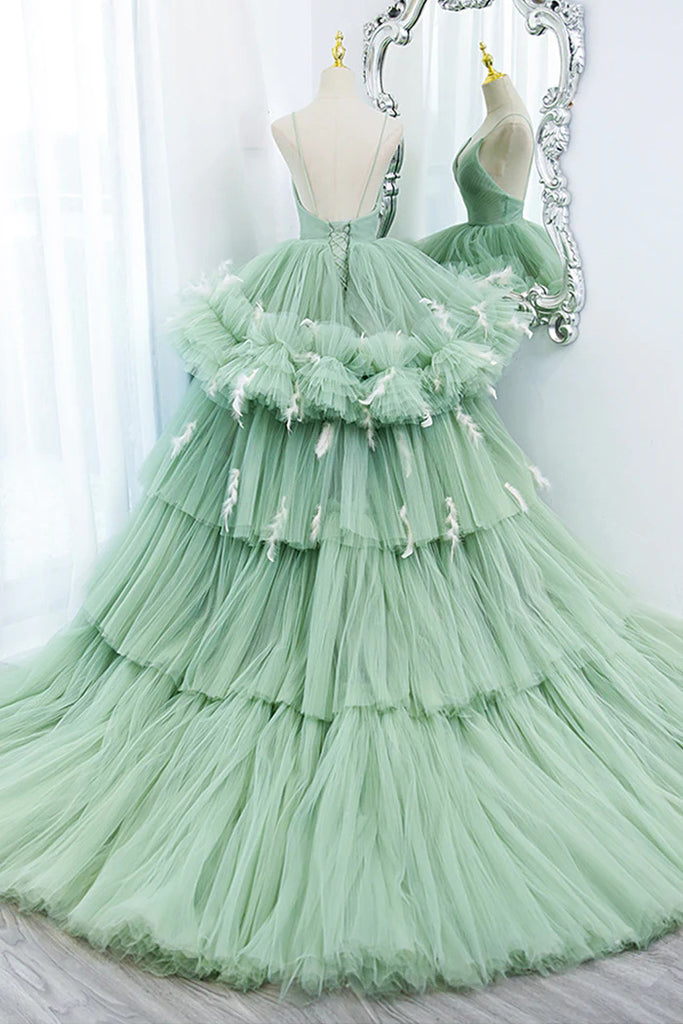 Green Tulle Long A-Line Prom Dress, Green V-Neck Formal Evening Gown CHP0325