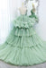 Green Tulle Long A-Line Prom Dress, Green V-Neck Formal Evening Gown CHP0325