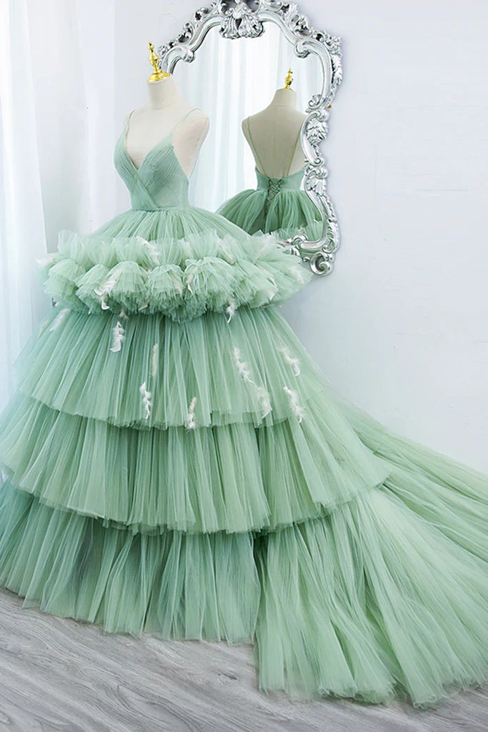 Green Tulle Long A-Line Prom Dress, Green V-Neck Formal Evening Gown CHP0325