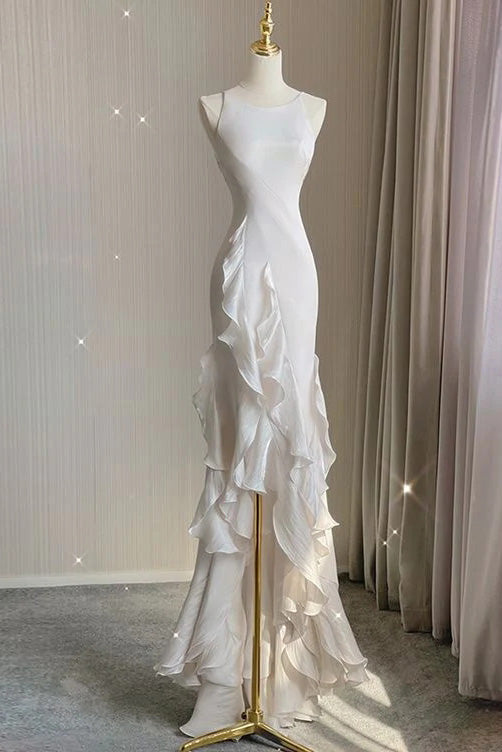 Simple Chiffon Sheath V Back Wedding Dress,Bridal Dresses With Ruffles – cherishgirls