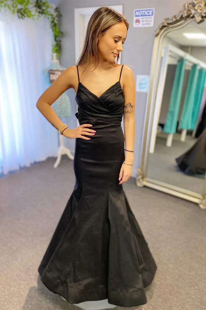 Black Surplice Pleated Straps Long Prom Dress Evening Dress with Bow CHP0259