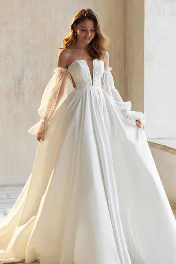 long sleeve satin a line wedding dress A Line Satin Wedding Dress Long Sleeve Wedding Dress Elegant Wedding Dress Couture Wedding Dress Puffy Sleeve Wedding Dress