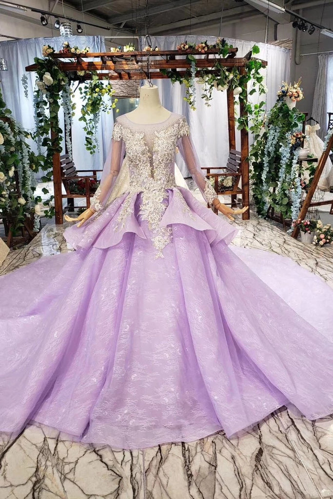 Stunning Long Sleeve Ball Gown Appliques Beading Lilac Quinceanera Dress N2031
