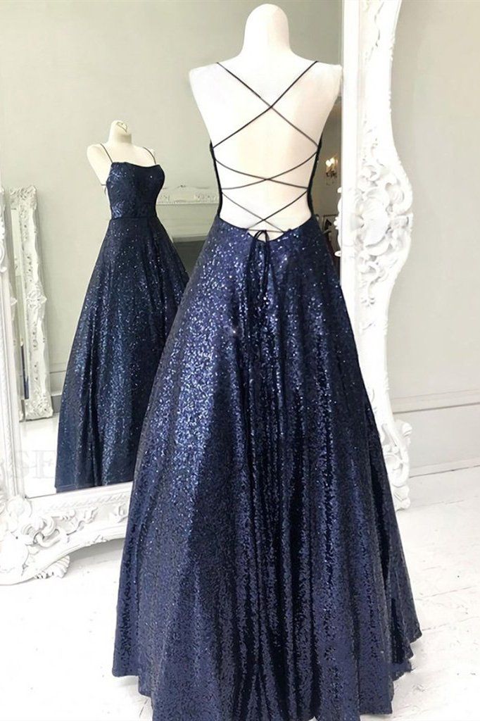Shiny Navy Blue Spaghetti Straps Sleeveless Long Prom Dresses,Sequin Cris Cross Long Formal Evening Dresses CHP0063