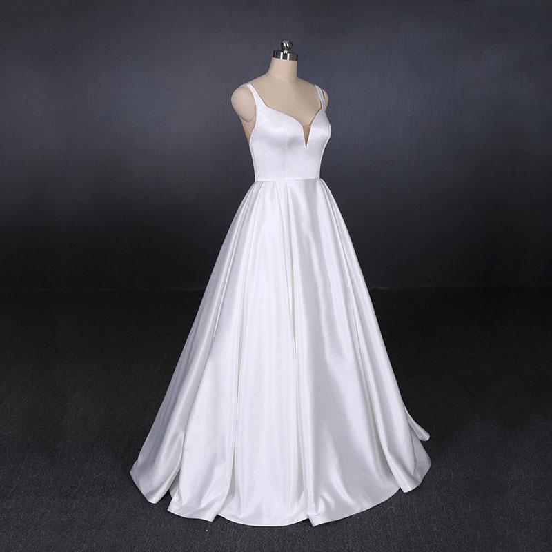 Simple Straps White Satin Wedding Dresses, Floor Length Satin Backless Bridal Dresses UQ2356