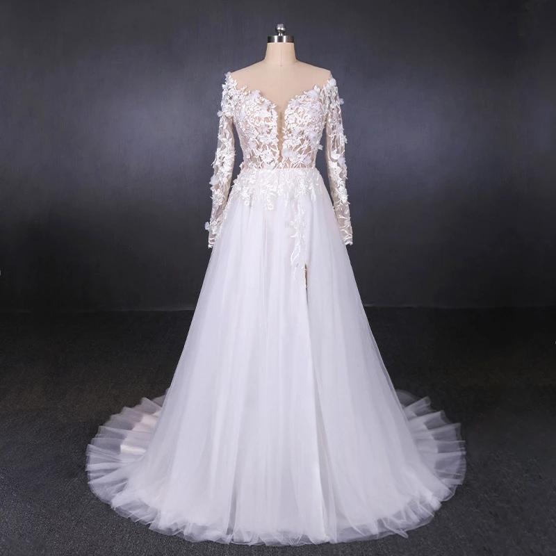 White A Line Tulle Long Sleeves Wedding Gown, Cheap Bridal Dress with Lace Appliques UQ2308