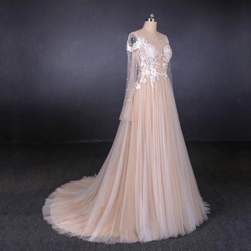 Sexy Sheer Neck Long Sleeves Tulle Wedding Dress, Charming Tulle Bridal Dress UQ2307