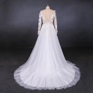 White A Line Tulle Long Sleeves Wedding Gown, Cheap Bridal Dress with Lace Appliques UQ2308