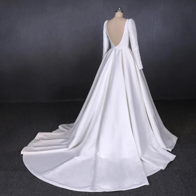 Cheap Long Sleeves Satin White Wedding Dress, Simple Backless Bridal Dresses UQ2301