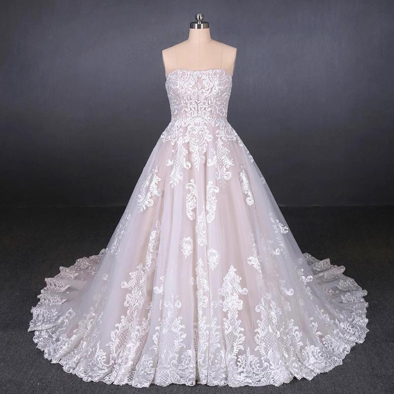 Puffy Strapless Tulle Wedding Dress with Lace Appliques, Long Train Lace Up Bridal Dress UQ2300